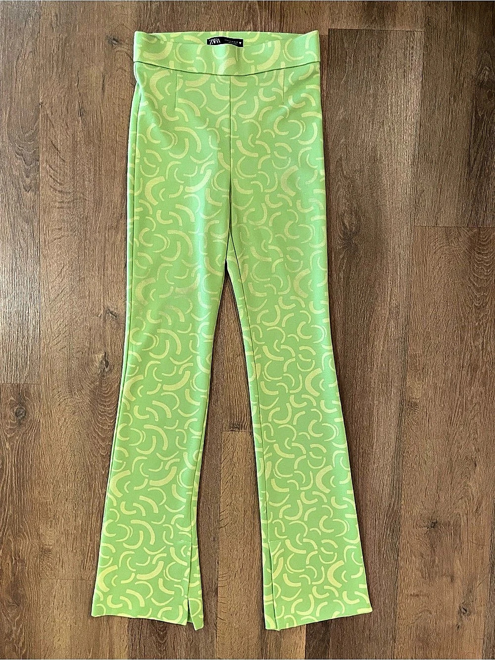 Zara Lime Green Flared Jacquard Knit Pants Split Hem Size 28 Medium Retro